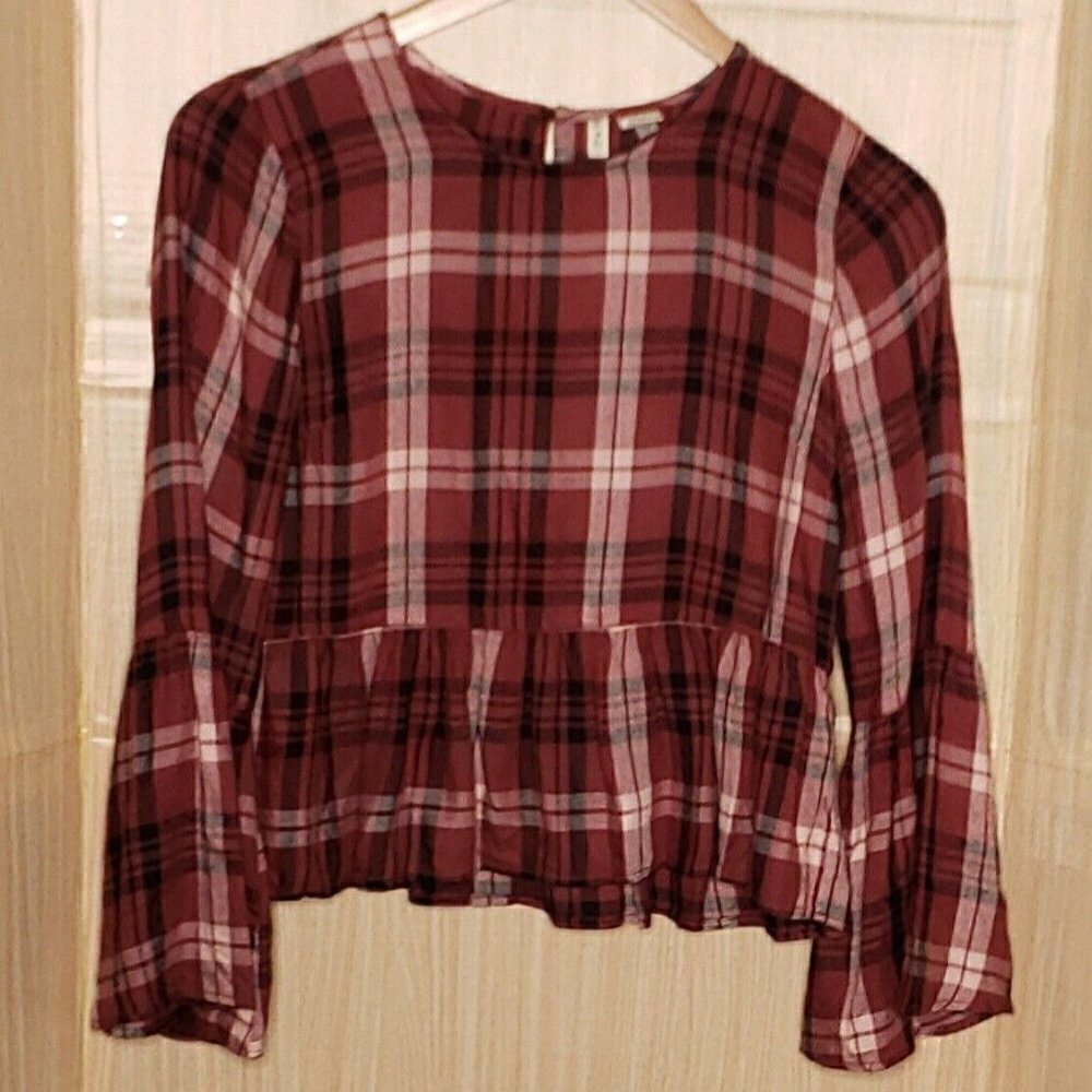 Sky & Sparrow Womens Purple Plaid Peplum Cropped Blouse Medium